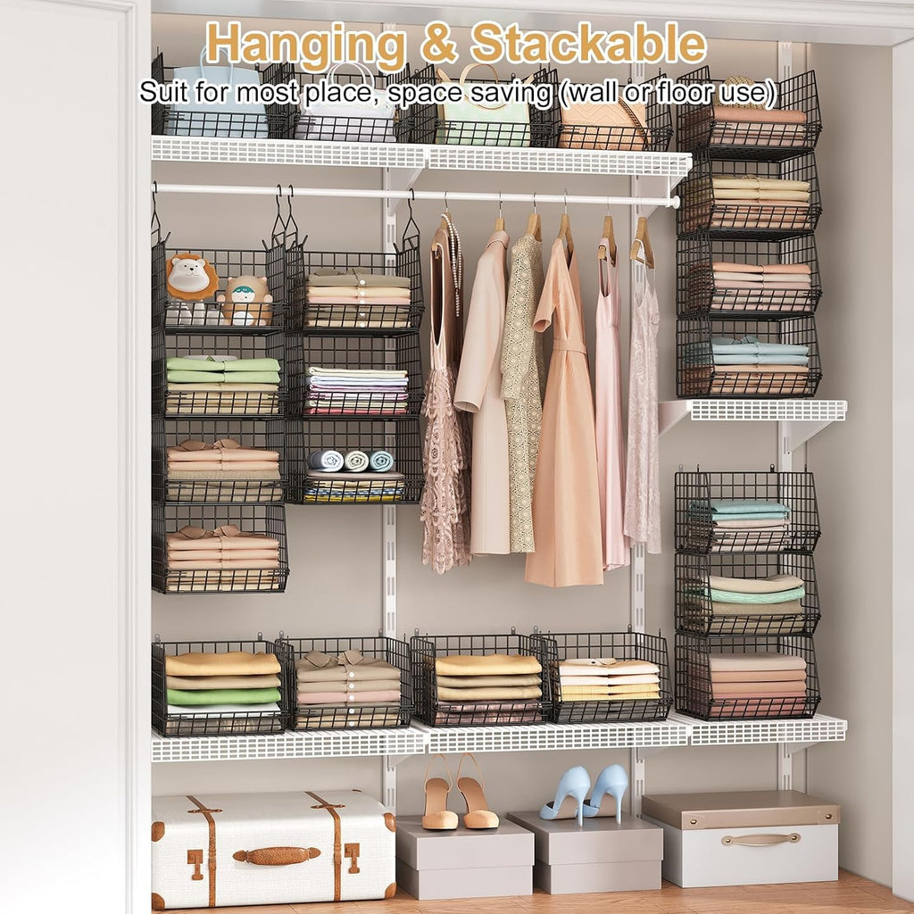 6 Tier Closet Hanging Organizer, Clothes Hanging Shelves with 4 Hanging Hooks 5 S Hooks, Wire Storage Basket Bins, for Clothing Sweaters Shoes Handbags Clutches Accessories Patent Design-Black