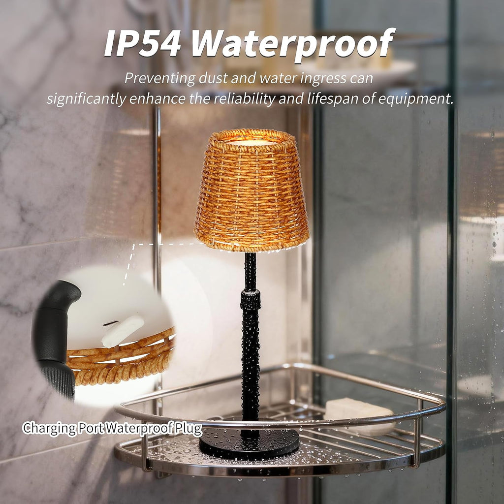 Mr.White Outdoor Waterproof Rechargeable Cordless Table Lamp with Wicker Shade, 5200mAh Battery Operated Table Light with Telescopic Pole, for Patio Restaurant Kitchen (Black)