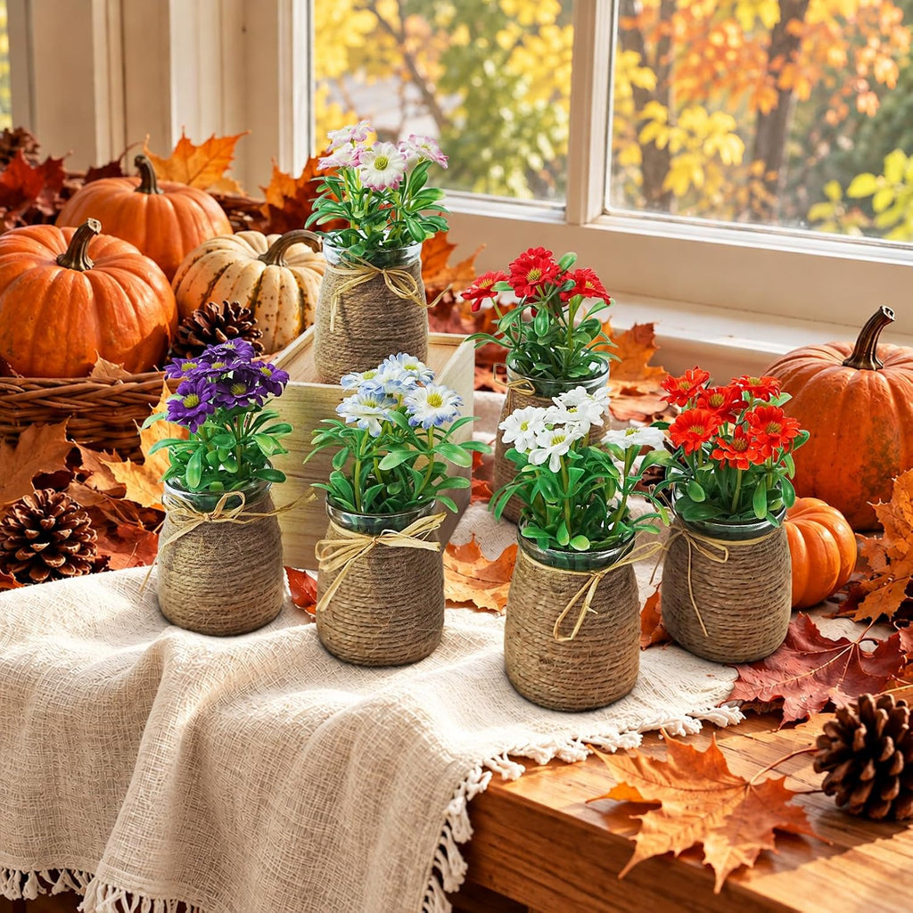 6pcs Artificial Daisy Fall Flowers in Small Glass Container