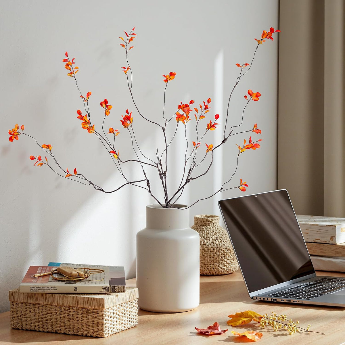 4PCS Artificial Orange Branches 35.4", Faux Fall Stems for Vase, Long Decorative Branches with Autumn Leaves, Bendable Orange Stems for Tall Vase Fall Decorations Home Decor