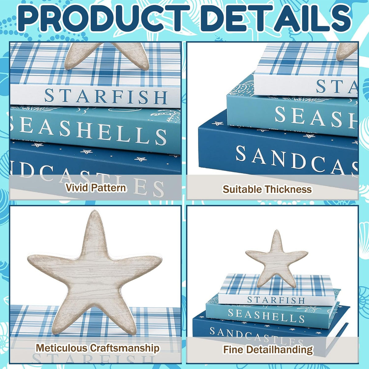 Thyle Summer Decorative Faux Books Set, Storage Boxes with Wood Starfish
