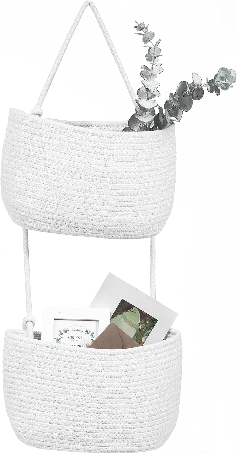 Over The Door Hanging Basket, 2 Tier Cotton Rope Woven Organizer