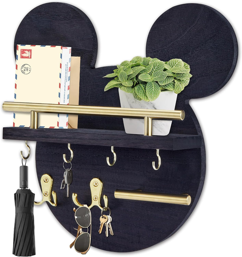 AIRPOP Key Holder for Wall–Mouse Wooden Mail Organizer Wall Mount with Shelf and 6 Hooks, Easy Installation Key Rack Hanger for Entryway Living Room Home Decor (Black)