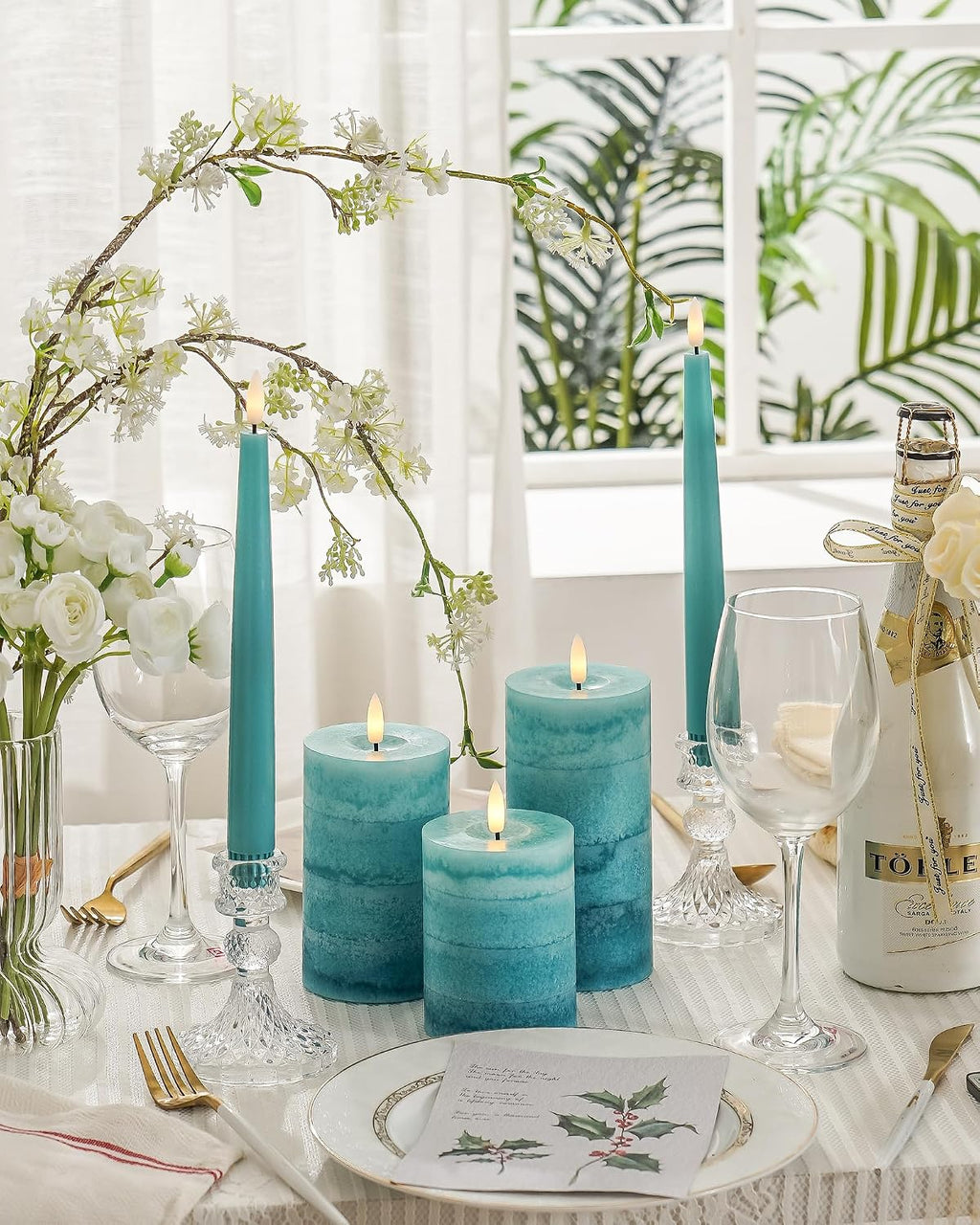 Stmarry Gradient Teal Flameless Candles with Remote and Timer, Real Wax Made LED Pillar Candles Battery Operated with 3D Flickering Flame - 3" x 4", 3" x 5", 3" x 6" - Set of 3 Turquoise Candles