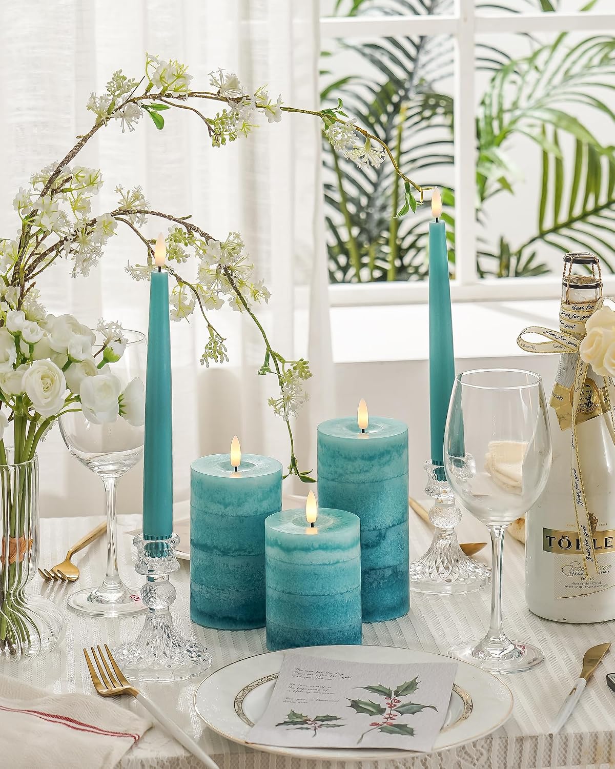 Stmarry Gradient Teal Flameless Candles with Remote and Timer, Real Wax Made LED Pillar Candles Battery Operated with 3D Flickering Flame - 3" x 4", 3" x 5", 3" x 6" - Set of 3 Turquoise Candles