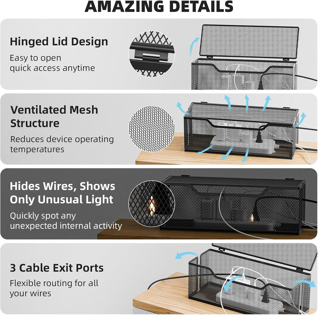 Marbrasse 3 Pack Cable Management Box, Metal Mesh Cord Organizer Box for TV Wires, Electrical Hiding, Power Strip – Under Desk Cable Storage Box with Cable Clips&Reusable Cable Ties for Home/Office