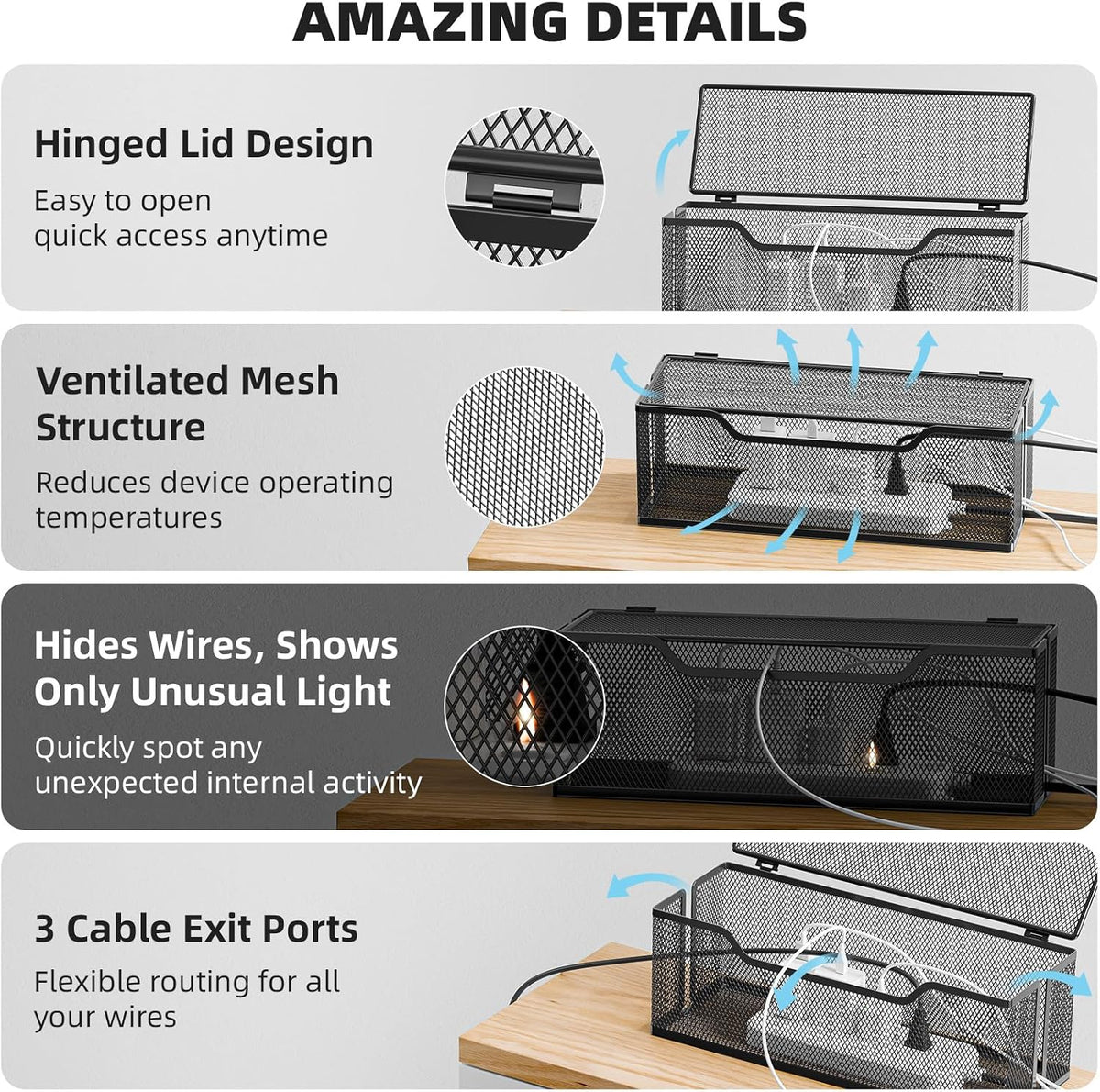 Marbrasse 3 Pack Cable Management Box, Metal Mesh Cord Organizer Box for TV Wires, Electrical Hiding, Power Strip – Under Desk Cable Storage Box with Cable Clips&Reusable Cable Ties for Home/Office
