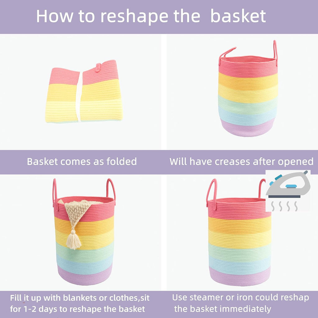 Woven Cotton Rope Laundry Basket, 15" x 20" Laundry Hamper, Rainbow