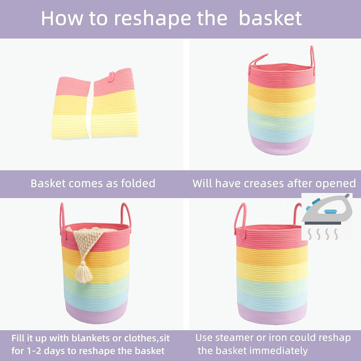 Woven Cotton Rope Laundry Basket, 15" x 20" Laundry Hamper, Rainbow