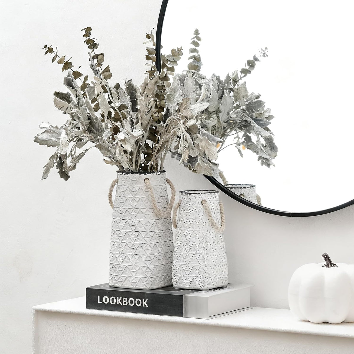 Vaseking Elegant White Petite Vase, 7 inch Ceramic Modern Minimalism Geometric Texture Purse Vase with Hanging Rope, Creative Tote Bag Vases for Home Decor, Living Room, Wedding, Bookshelf Decor