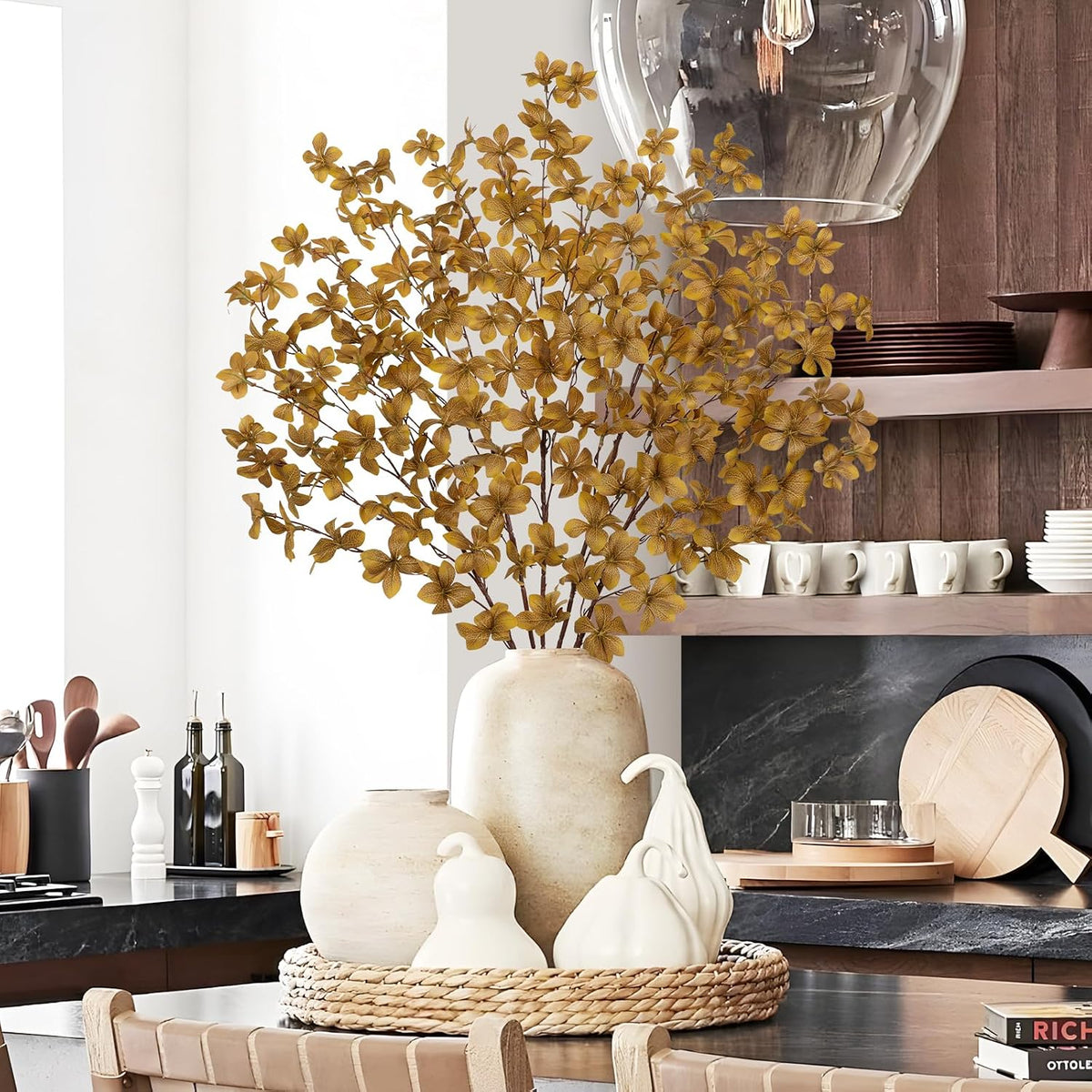 33.5" Long Artificial Fall Leaves Stems for Table Centerpieces, 5 Pcs Faux Fall Stems and Branches for Vase Filler, Falls Greenery Stems for Farmhouse Autumn Harvest Thanksgiving Decor, Deep Yellow