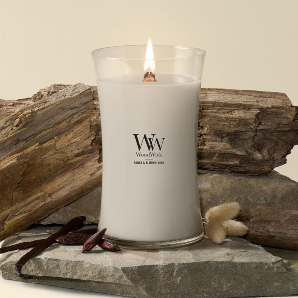 WoodWick Tonka & Almond Milk Scented Candle, Crackling Wick, 21.5oz