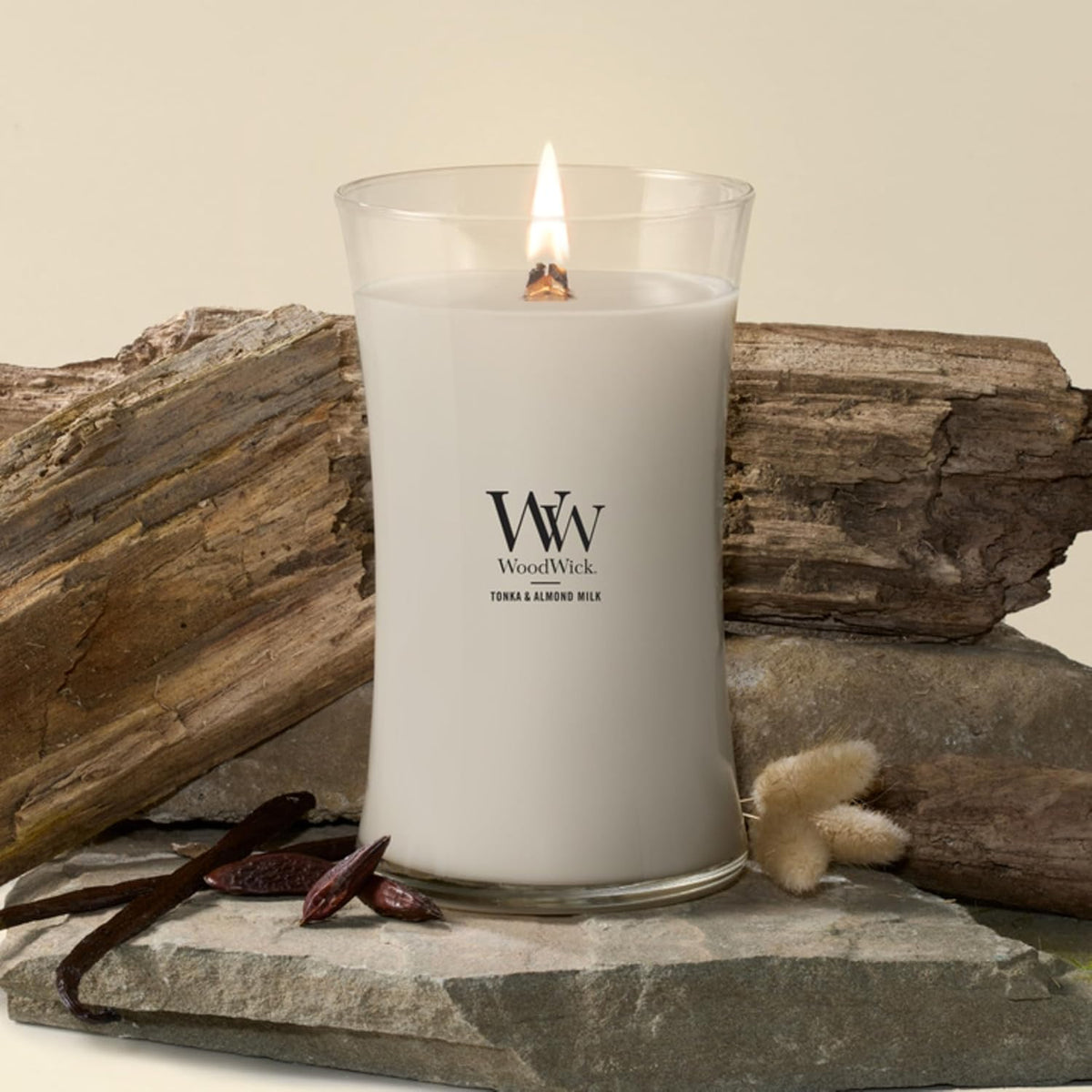 WoodWick Tonka & Almond Milk Scented Candle, Crackling Wick, 21.5oz