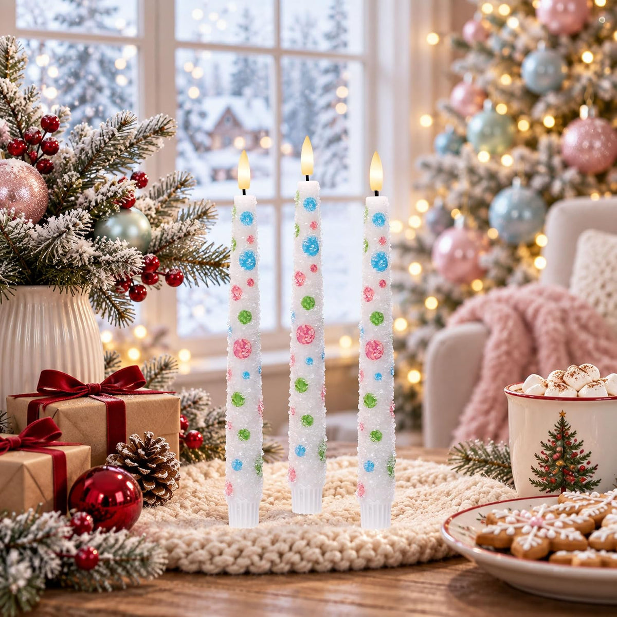 Pastel Dot Flameless Taper Candles with Remote, Set of 3, Christmas Decor