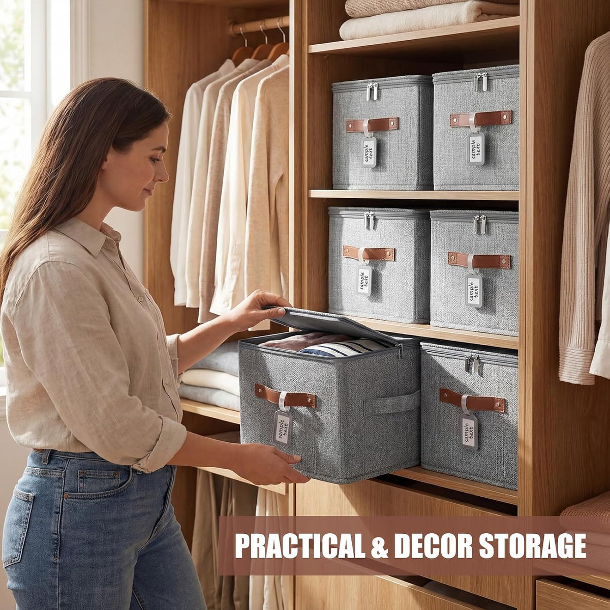 6 Pack Fabric Closet Storage Bins with Lids, 15×10×10 in, Gray