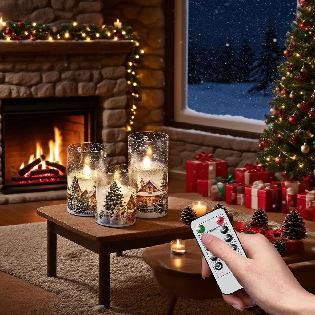 Eldnacele Snowman House Glass Christmas Flameless Candles with Remote Timer