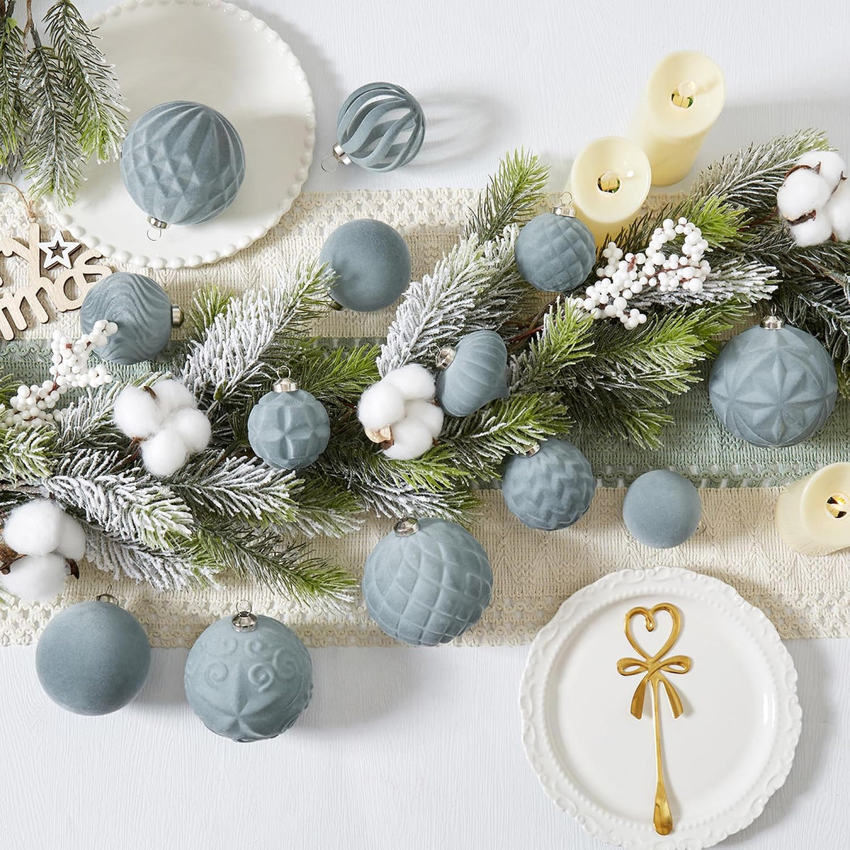 30pcs Velvet Christmas Ball Ornaments, Flocked Shatterproof Christmas Ornaments Hanging Xmas Tree Decorations Set for Home Party Holiday Decor (Multi-Size, Grey)