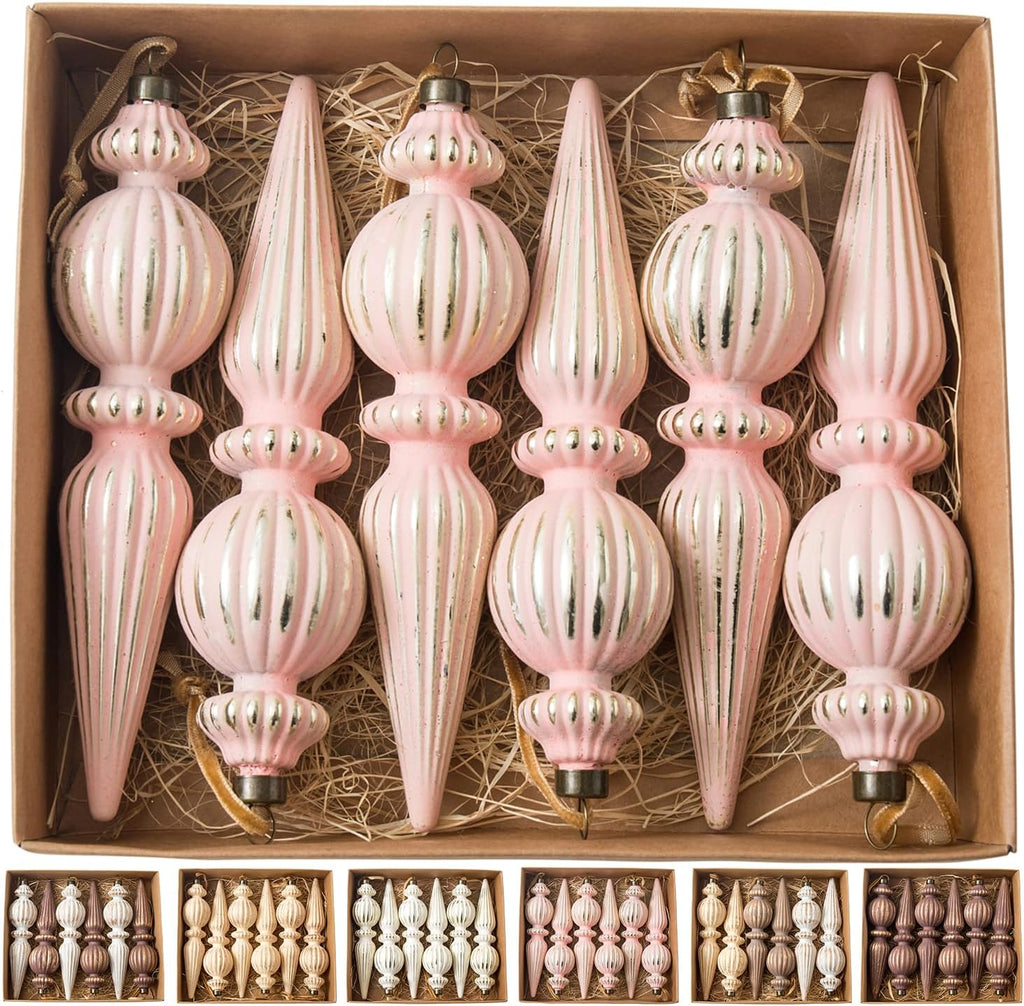 Pink Vintage Finial Christmas Ornaments, 6Pcs Neutral Shatterproof Xmas Tree Ornaments