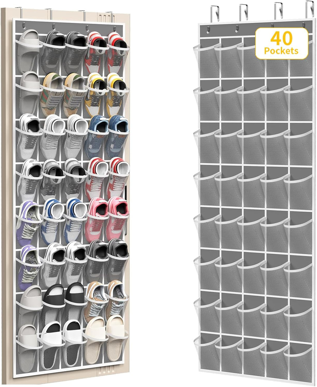SAVERHO 40 Large Pockets Over the Door Shoe Organizer,Space-Saving Mesh Hanging Shoe Rack for Door Shoe Holder Large Size 76.4" x 27.5" Ideal for Closet & Door Storage (Grey)
