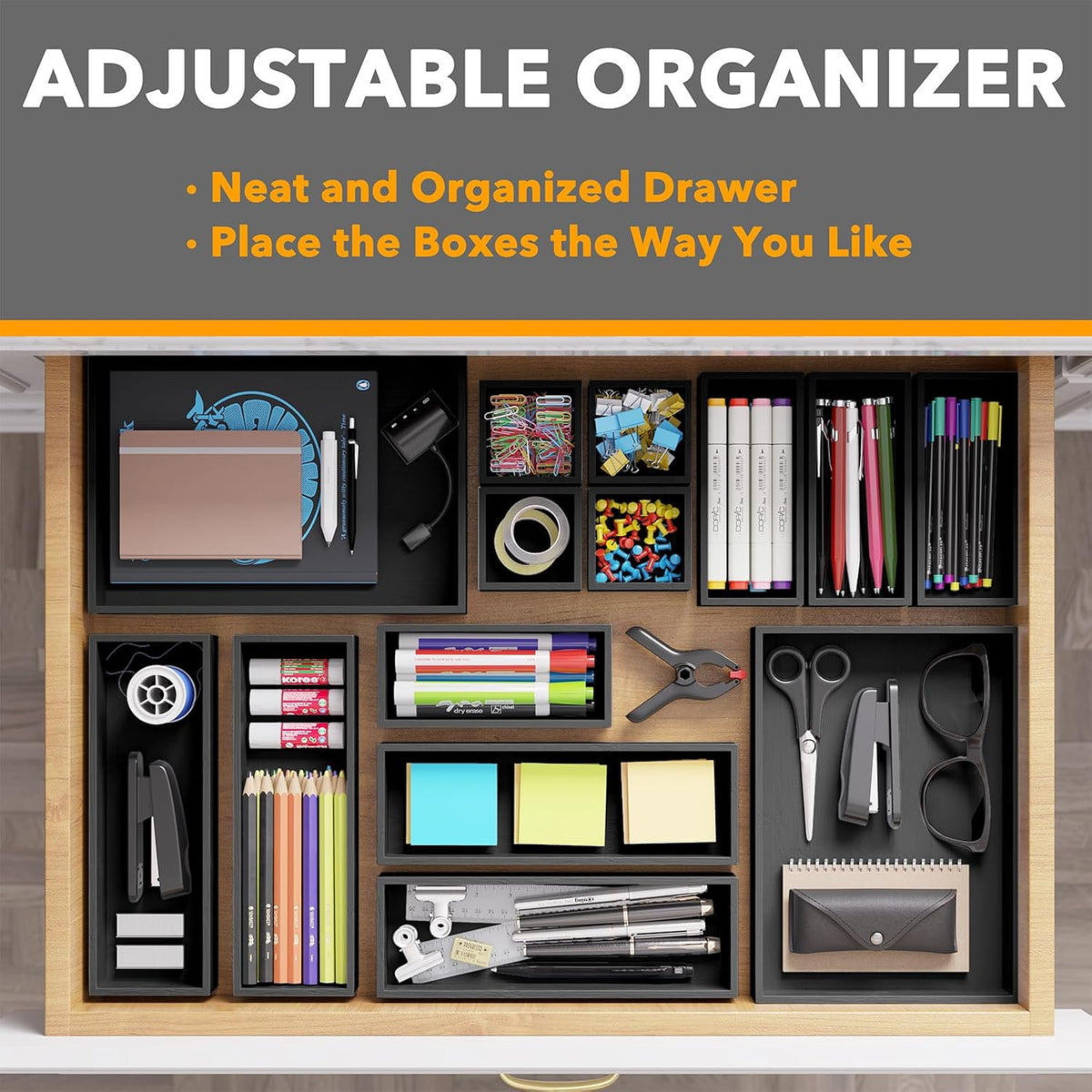 SpaceAid 14-Piece Bamboo Drawer Organizer Storage Boxes Set, Wood Tray Junk Drawer Organizers Multi-Use Divider Bins for Kitchen, Bathroom, Office Desk and Makeup Organization (14 Pack, Black)