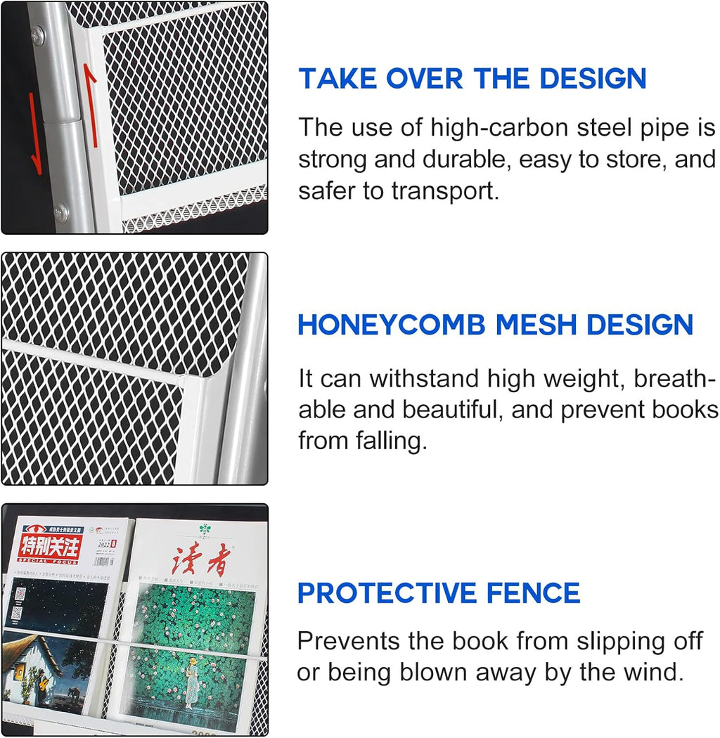 LIWSHWZ Magazine Rack Floor Standing,Brochure Display Stand, 4 Pockets Metal Literature Stand,Newspaper Rack with Wheels for Trade Show Exhibitions Office Retail Store