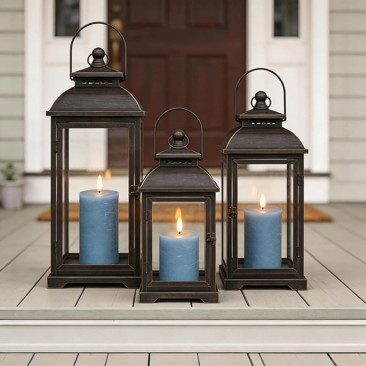 Dusty Blue Flameless Candles with Remote Timer, Battery Operated, Set of 3