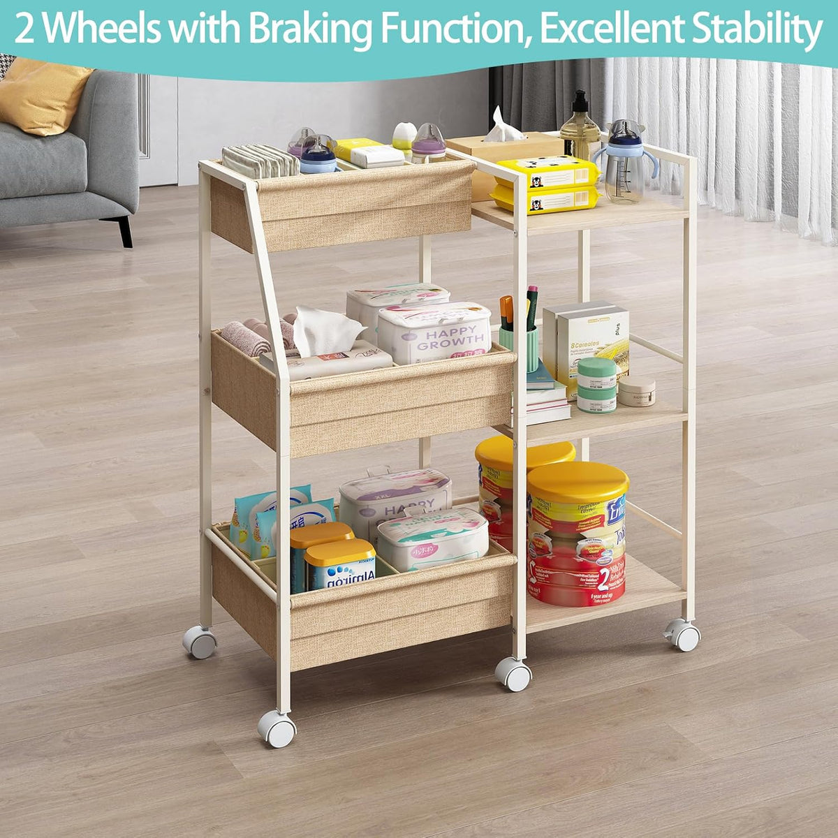 Baby Diaper Caddy Organizer Cart, 3‑Tier Rolling Storage Cart