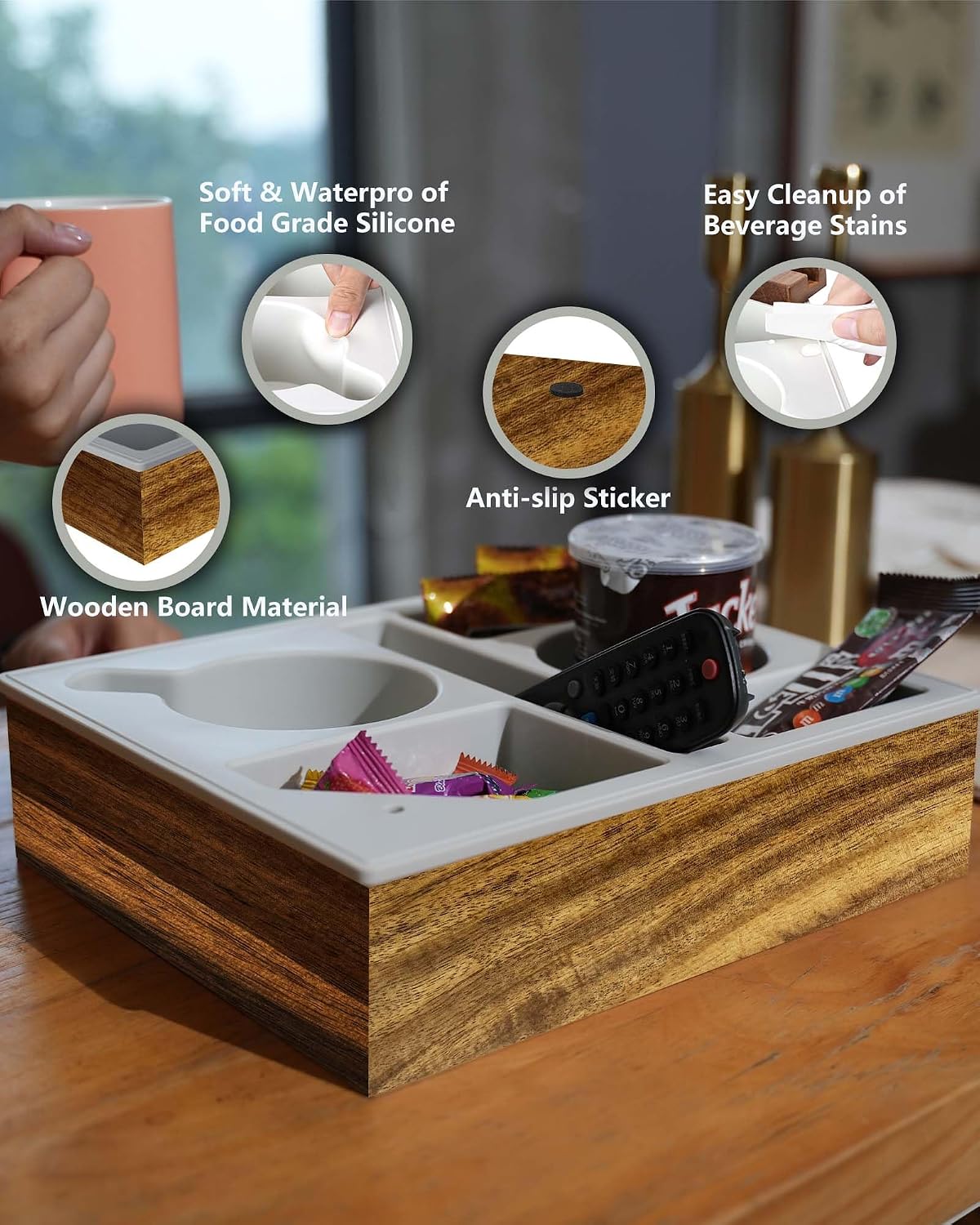 Couch Cup Holder Tray, Soft Food Grade Silicone Acacia Wooden Couch Caddy for Bed Car Seat Beach Organizer, Anti-Spill Couch Drink Holder for Snacks Beverage Remote (Beige, 11.5 * 10 * 3 in)