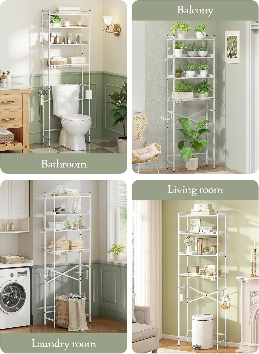 Quikraen 4 Tier Over The Toilet Storage Shelf with 3 Adjustable Shelves, Space Saver Bathroom Organizer with 4 Hooks, Freestanding Above Toilet Rack for Restroom Laundry (White)
