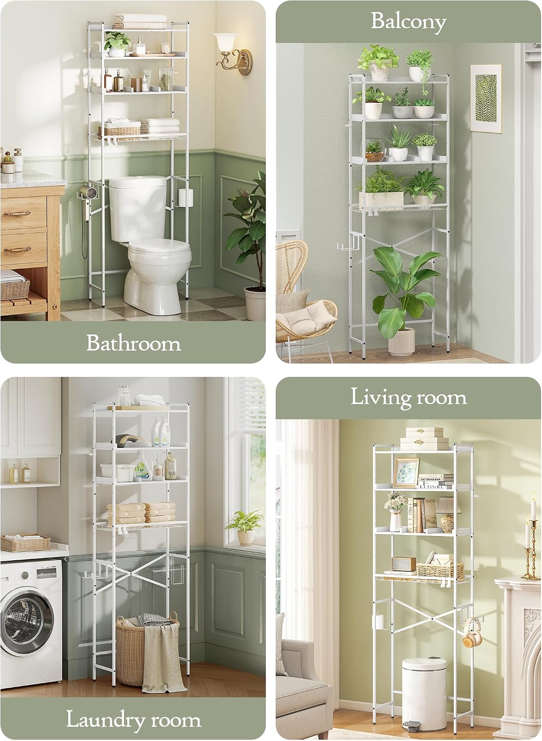 Quikraen 4 Tier Over The Toilet Storage Shelf with 3 Adjustable Shelves, Space Saver Bathroom Organizer with 4 Hooks, Freestanding Above Toilet Rack for Restroom Laundry (White)