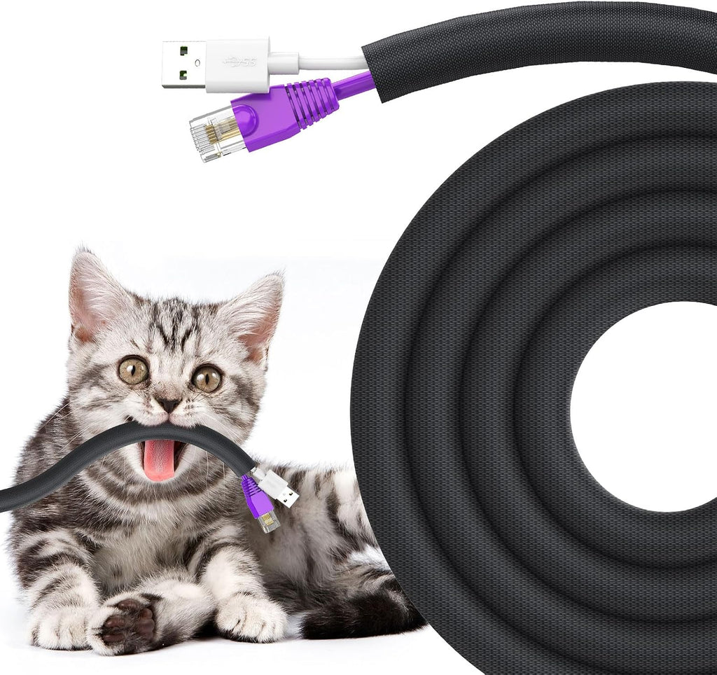 UOMTFAI Dog and Cat Cord Protector 10ft - 3/8inch, Flexible Cable Sleeve for Easy Cord Management, Protects Cables from Pets Chewing, Ideal for USB, Power, Audio and Video Cords - Black