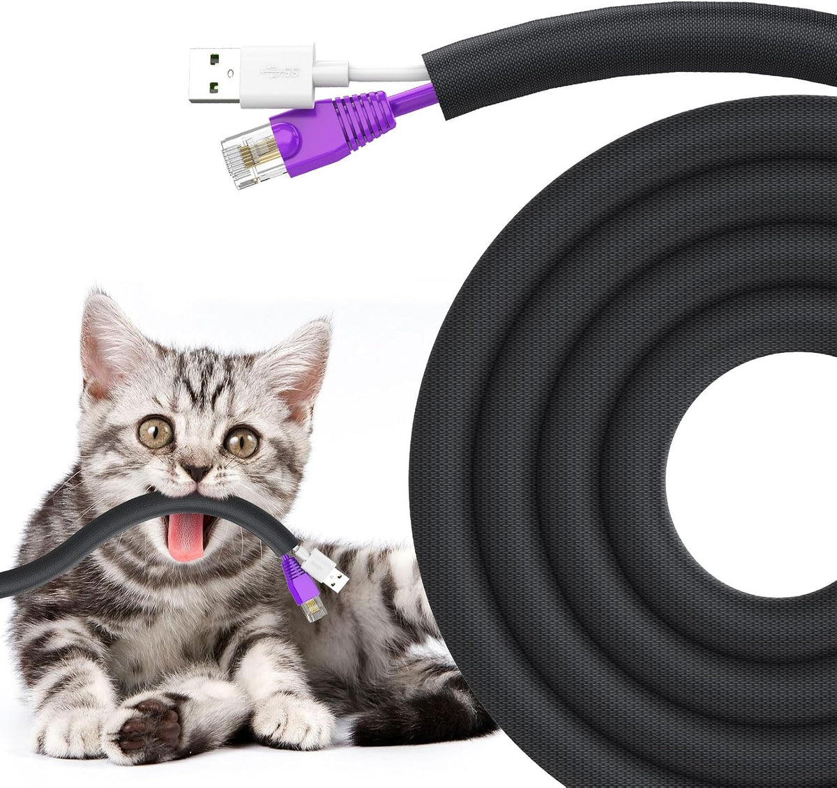 UOMTFAI Dog and Cat Cord Protector 10ft - 3/8inch, Flexible Cable Sleeve for Easy Cord Management, Protects Cables from Pets Chewing, Ideal for USB, Power, Audio and Video Cords - Black