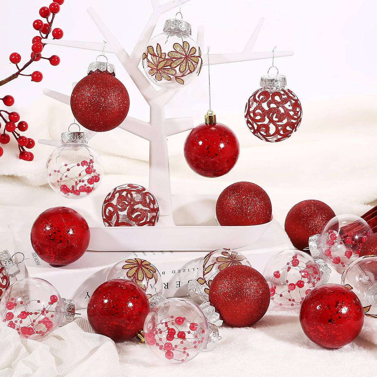2.36inch Clear Christmas Ball Ornaments Set, 30ct Red Christmas Ornaments