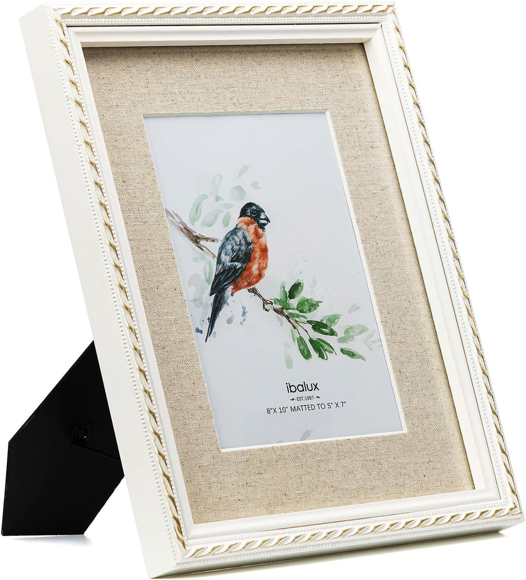 8x10 Picture Frame Pine Wood with Real Glass, Gold-Toned Synthetic Rope Edging, Linen Matted to 5x7, Vertical and Horizontal for Tabletop or Wall Hanging, White