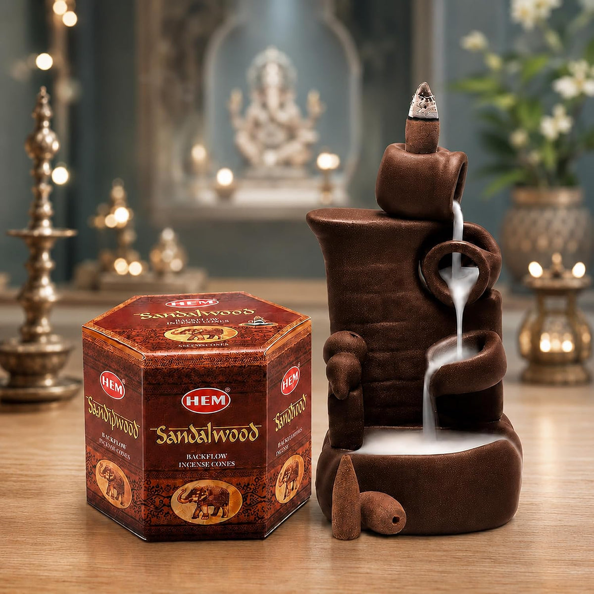 HEM Sandalwood Backflow Incense Cones – Pack of 40 Brown Cones | Long-Lasting Natural Aroma for Positivity, Cleansing & Relaxation | Wood Powder Aromatherapy for Stress Relief & Air Purification