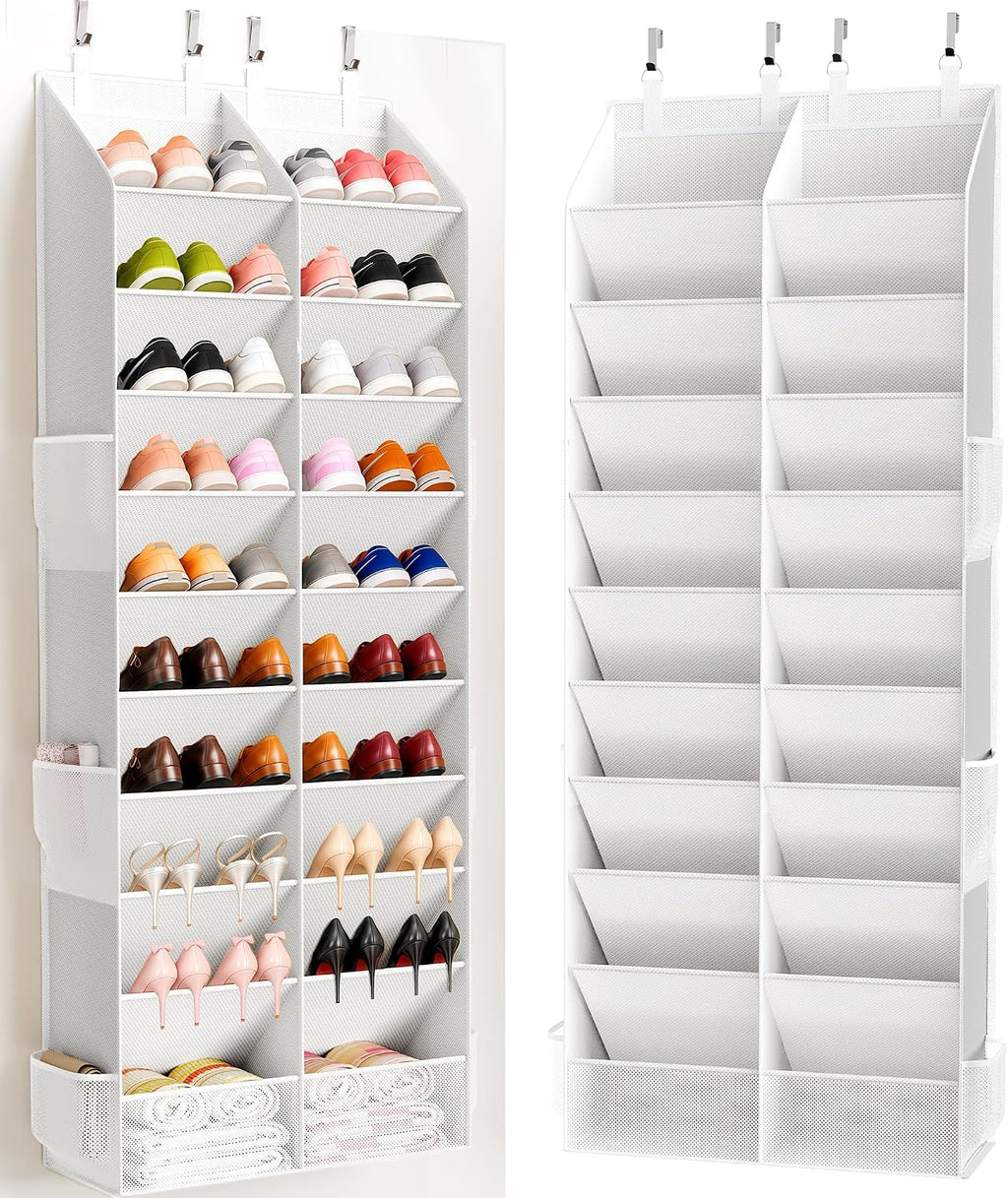 Criusia Over the Door Shoe Organizer, 20-30 Pairs Heavy-Duty Hanging Shoe Storage with Large Pockets, 10-Tier Door Shoe Rack with 4 Hooks for Sneakers Sandals Heels Boots (White)