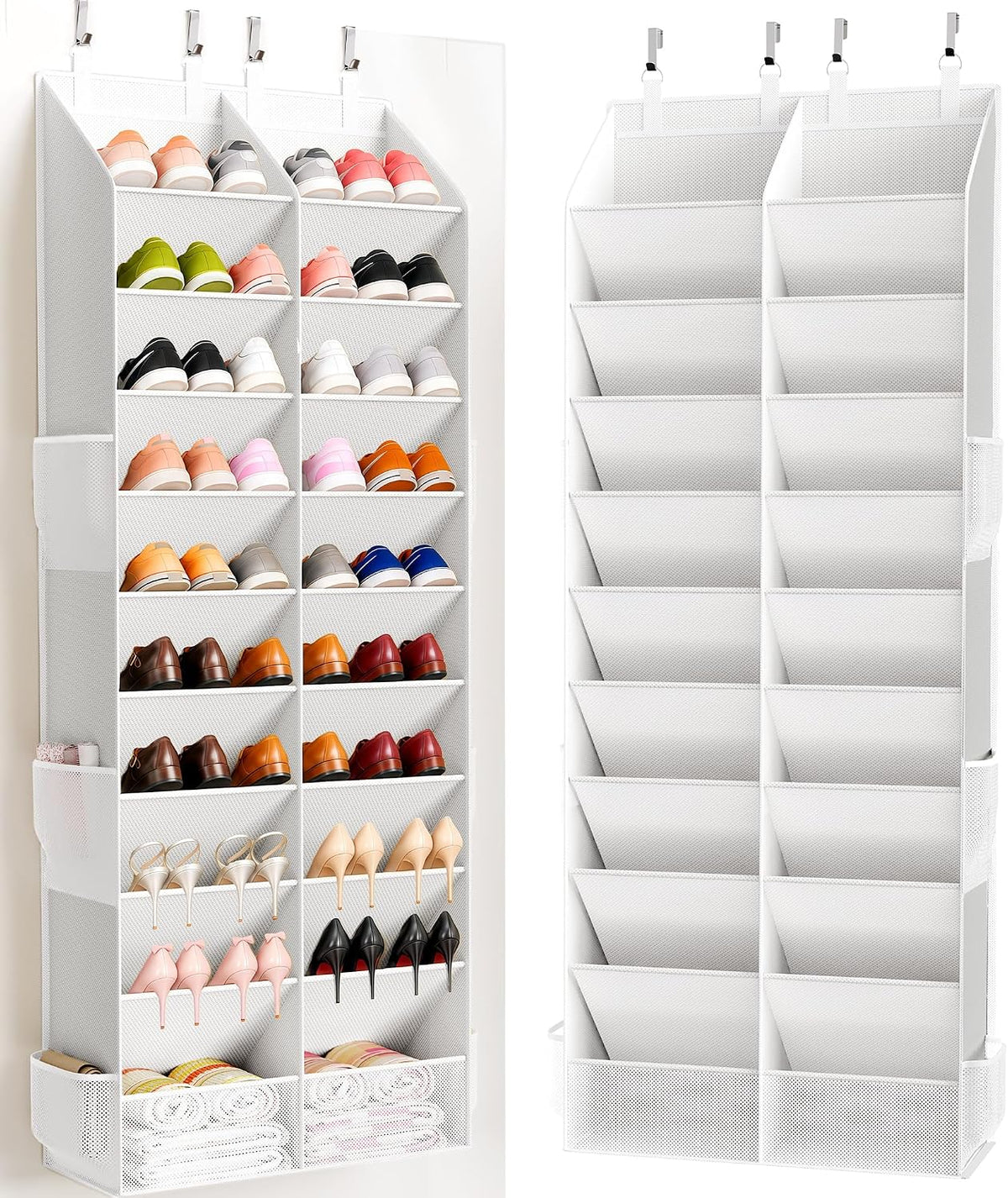Criusia Over the Door Shoe Organizer, 20-30 Pairs Heavy-Duty Hanging Shoe Storage with Large Pockets, 10-Tier Door Shoe Rack with 4 Hooks for Sneakers Sandals Heels Boots (White)