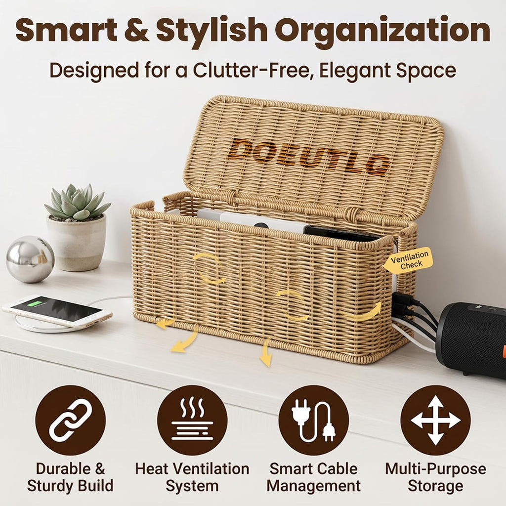 Cord Organizer Woven Cable Management Storage Box with Lid for Power Strips