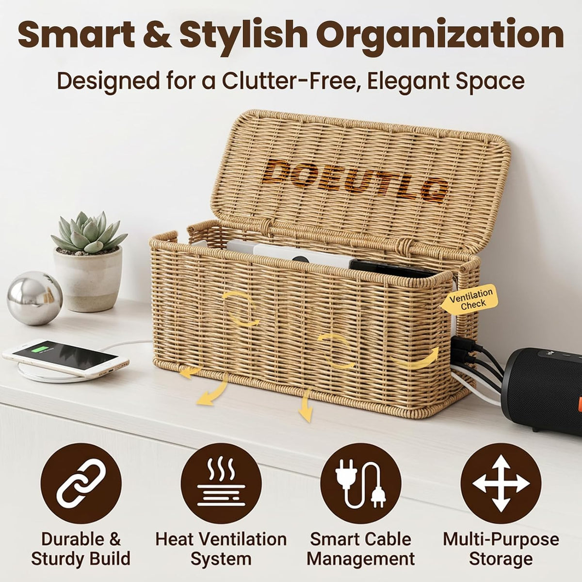 Cord Organizer Woven Cable Management Storage Box with Lid for Power Strips