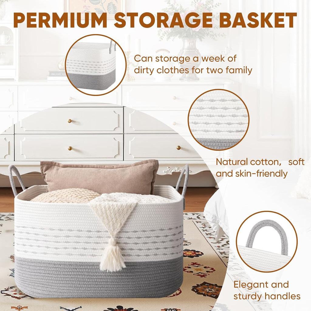 OIASKET 75L Large Cotton Rope Storage Basket, Soft Decorative Blanket Basket for Living Room & Bedroom, Boho Laundry Hamper with Handles Capable of Holding Pillows, Clothes and Toys-Grey & White