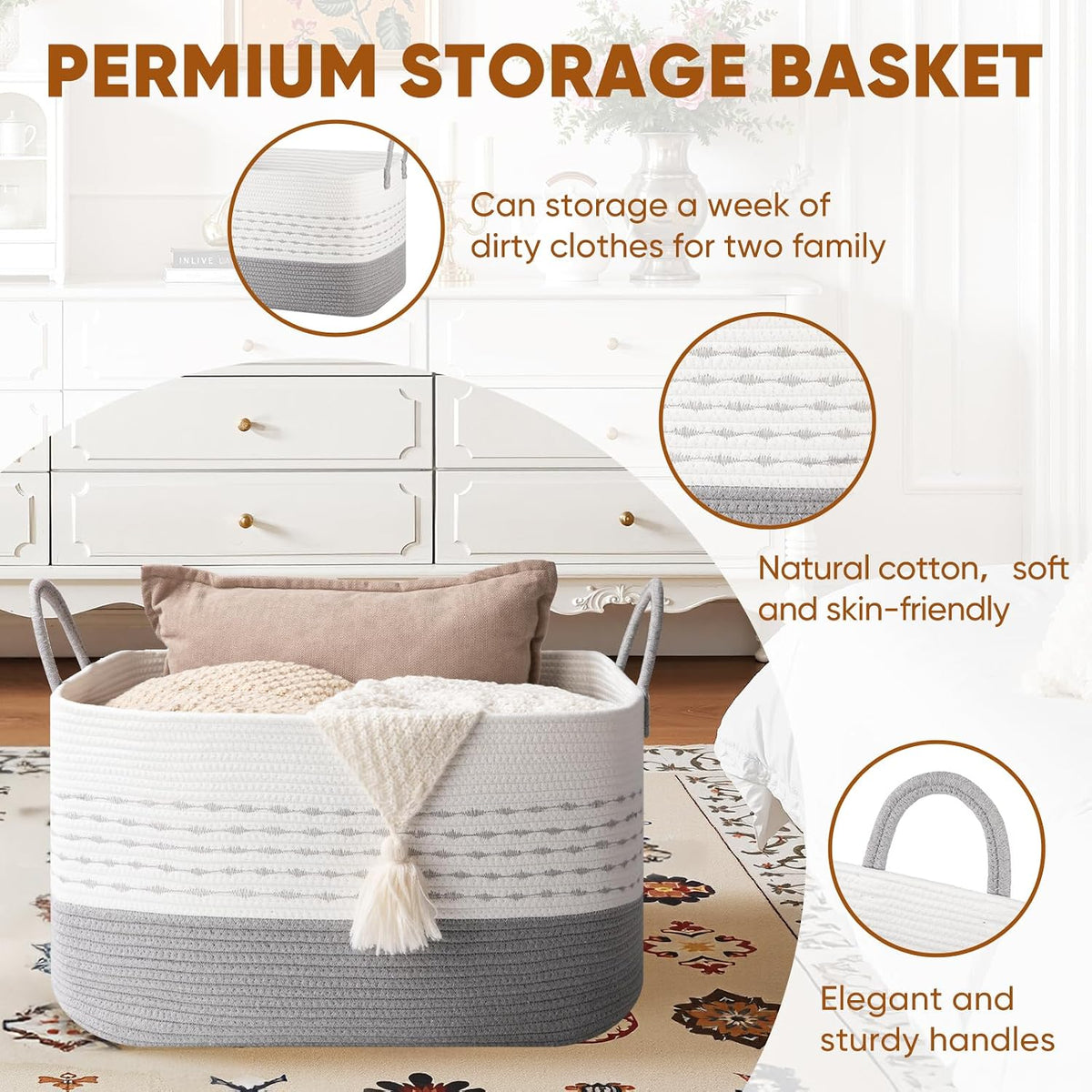 OIASKET 75L Large Cotton Rope Storage Basket, Soft Decorative Blanket Basket for Living Room & Bedroom, Boho Laundry Hamper with Handles Capable of Holding Pillows, Clothes and Toys-Grey & White