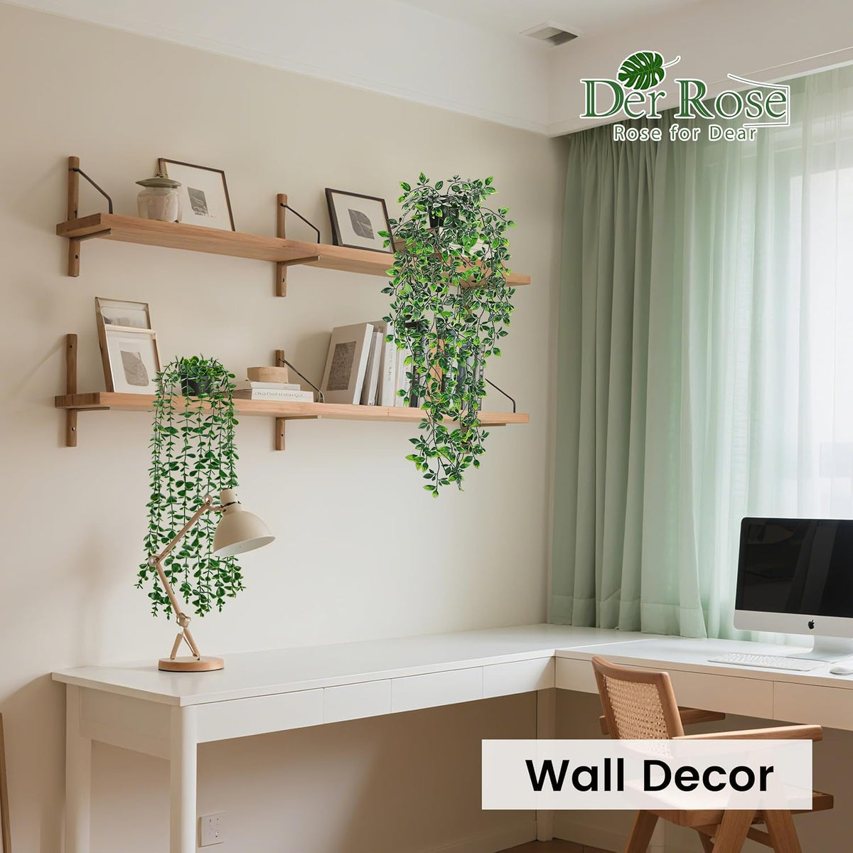 Der Rose 2Pcs Fake Hanging Plants Artificial in Black Pots for Office Decor