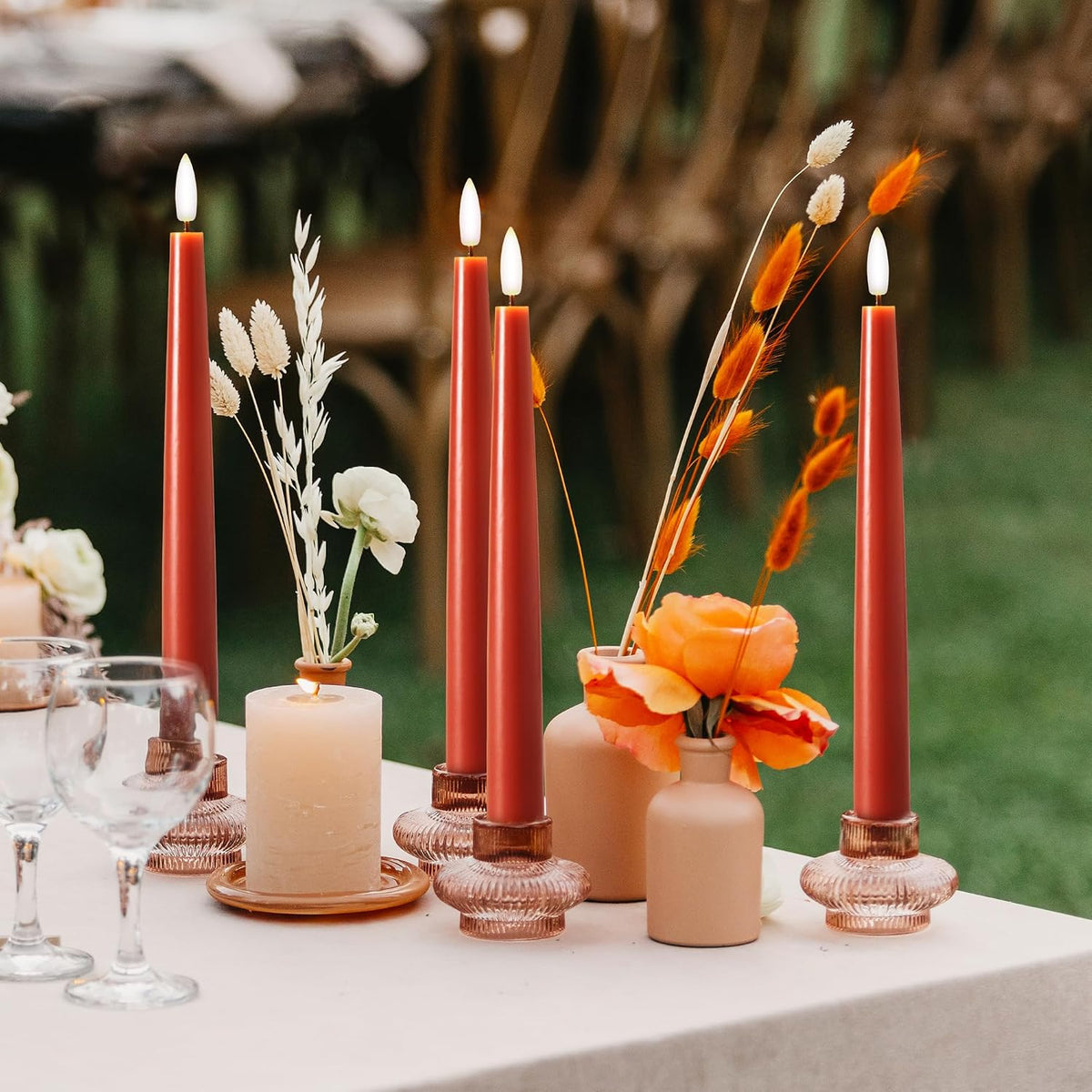 Fall Taper Candles Flameless Burnt Orange Candle Sticks, Terracotta, 3 Pack