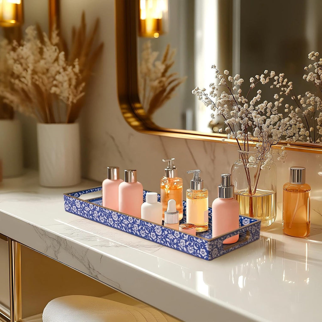 MAONAME Blue Bathroom Vanity Tray, Plastic Decorative Trays with Handles