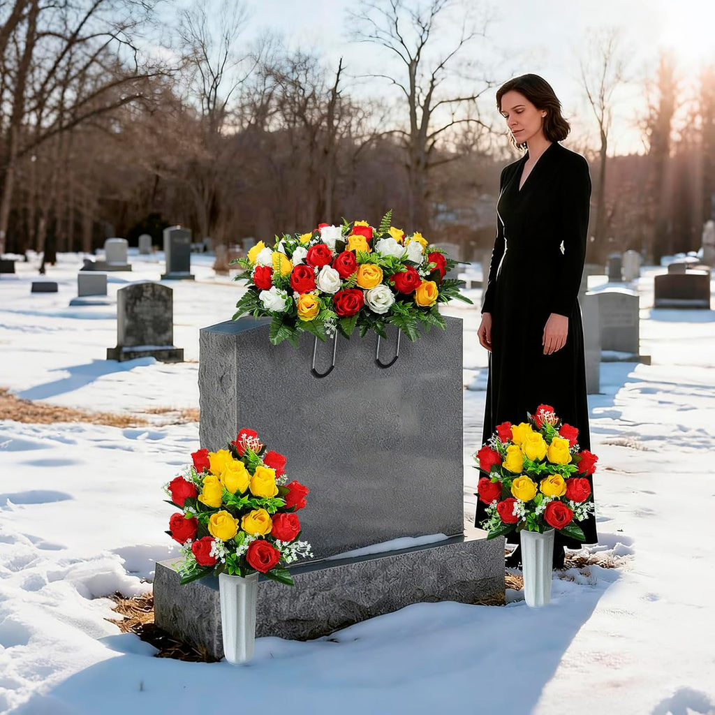 Artificial Cemetery Flowers Saddle Grave Memorial Rose Flowers with Vase for Cemetery Headstones Gravesites Decoration (White&Red&Yellow, 1 Saddle & 2Bouquets with Vase)