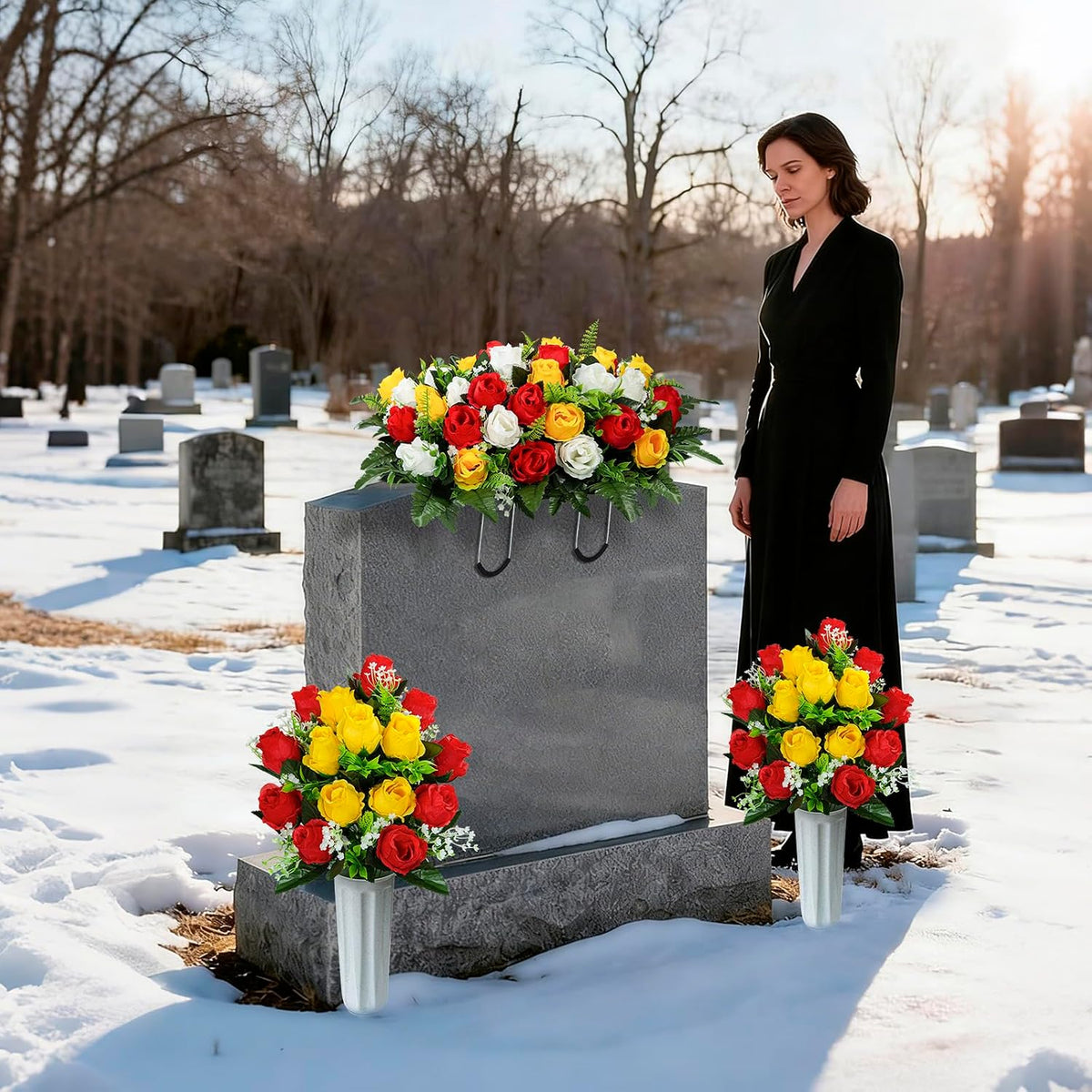 Artificial Cemetery Flowers Saddle Grave Memorial Rose Flowers with Vase for Cemetery Headstones Gravesites Decoration (White&Red&Yellow, 1 Saddle & 2Bouquets with Vase)