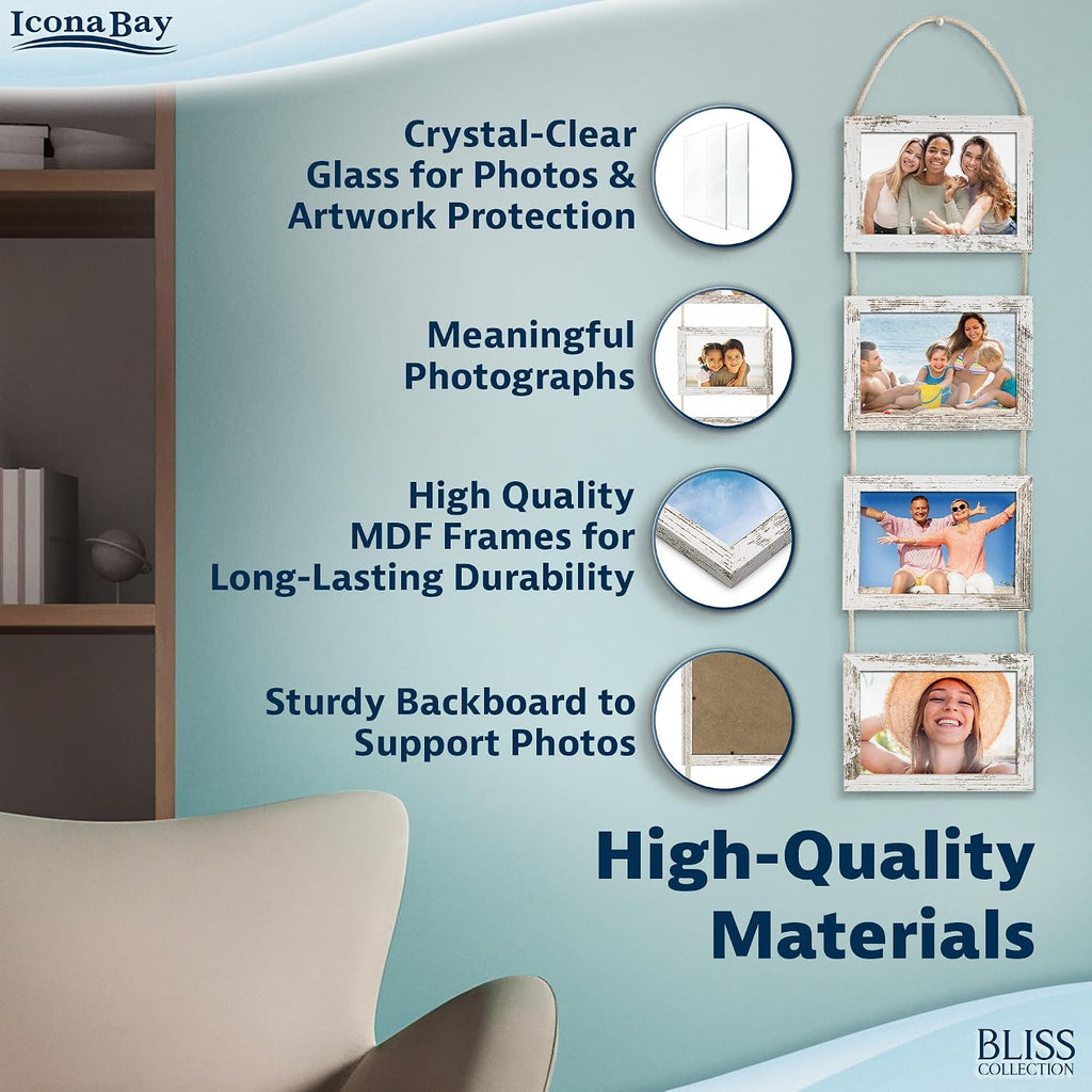 Icona Bay - 4x6 Wall Hanging Picture Frames Collage with 4 Openings - Distressed White - Casual Style Engineered Wood Frames - Wall Mount Only - Bliss Collection (Pack of 3)