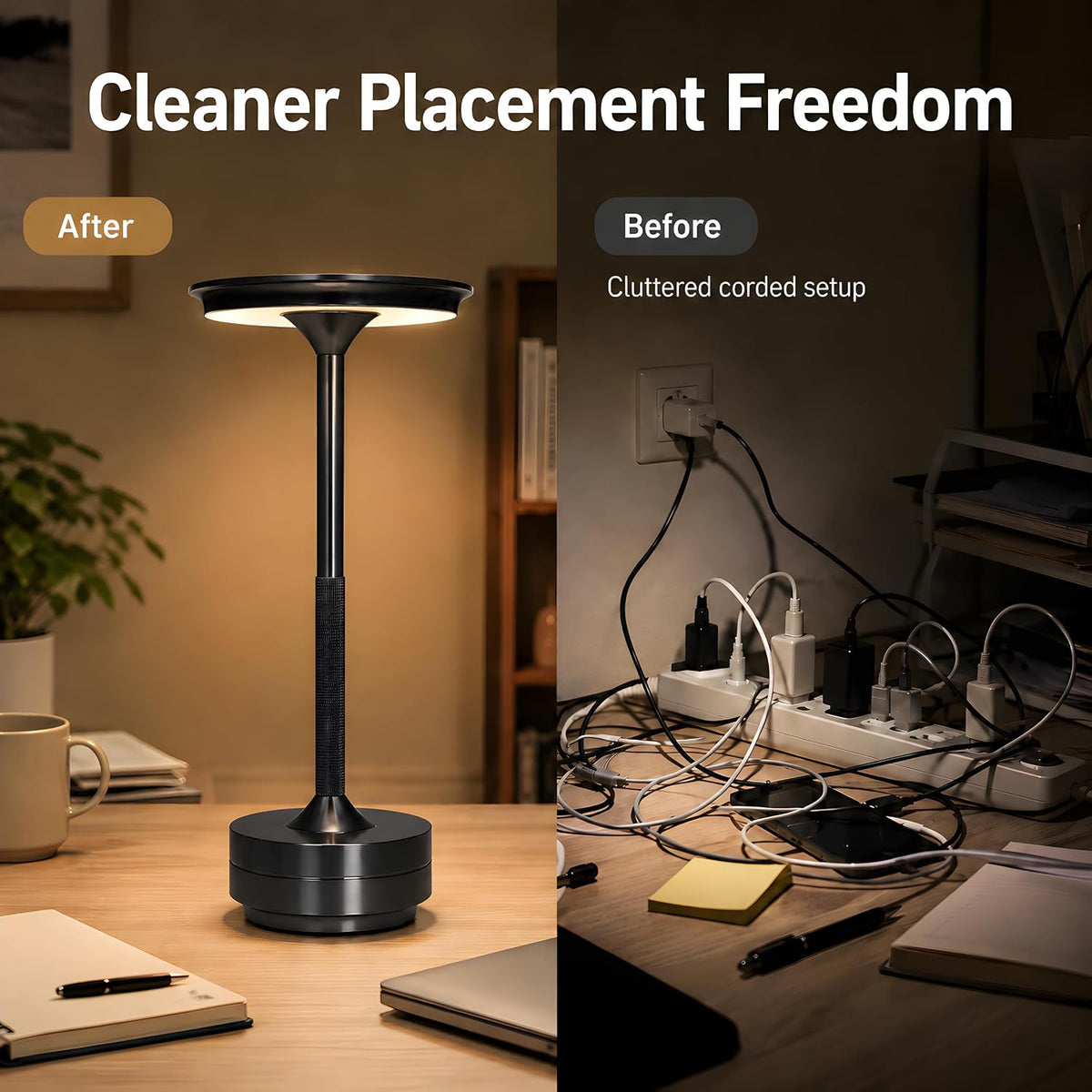 Cordless Rechargeable LED Table Lamp, 11.5 inches Modern Portable Desk Lamps 3 Colors Adjustable Brightness, 2600 mAh Battery Powered Table Light for Bar Restaurant Dining Black 2Pcs