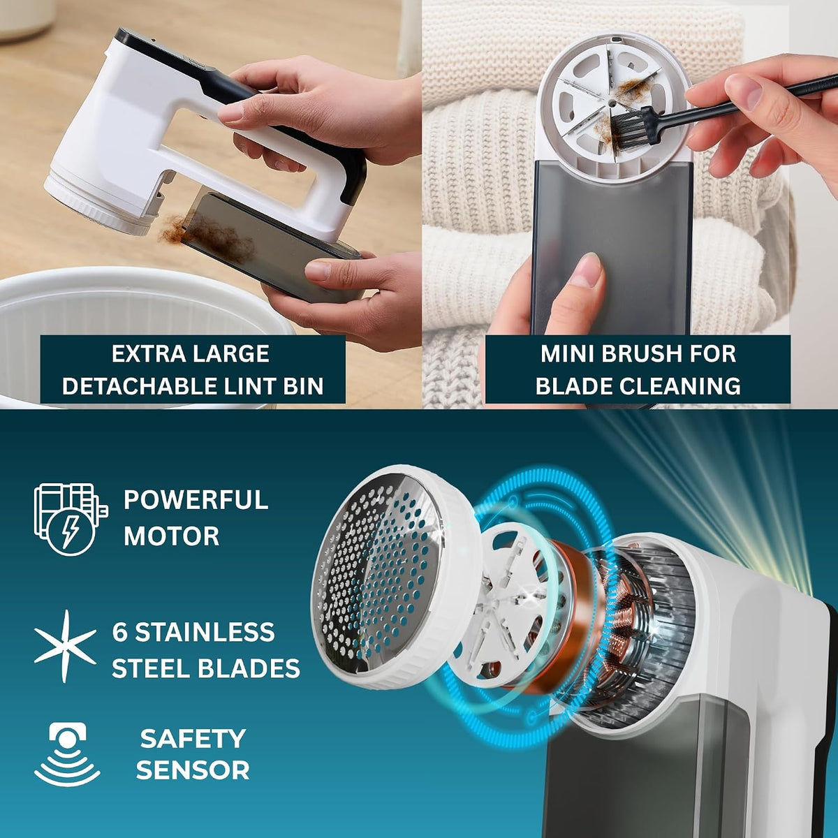 True & Tidy XL Rechargeable Fabric Shaver & Lint Remover w/Built-in Light, Sweater Defuzzer with 3 Speeds, Replaceable 6 Leaf Steel Blades, XL Lint Bin, Mini Brush for Cleaning, up to 3+ Hours of Use