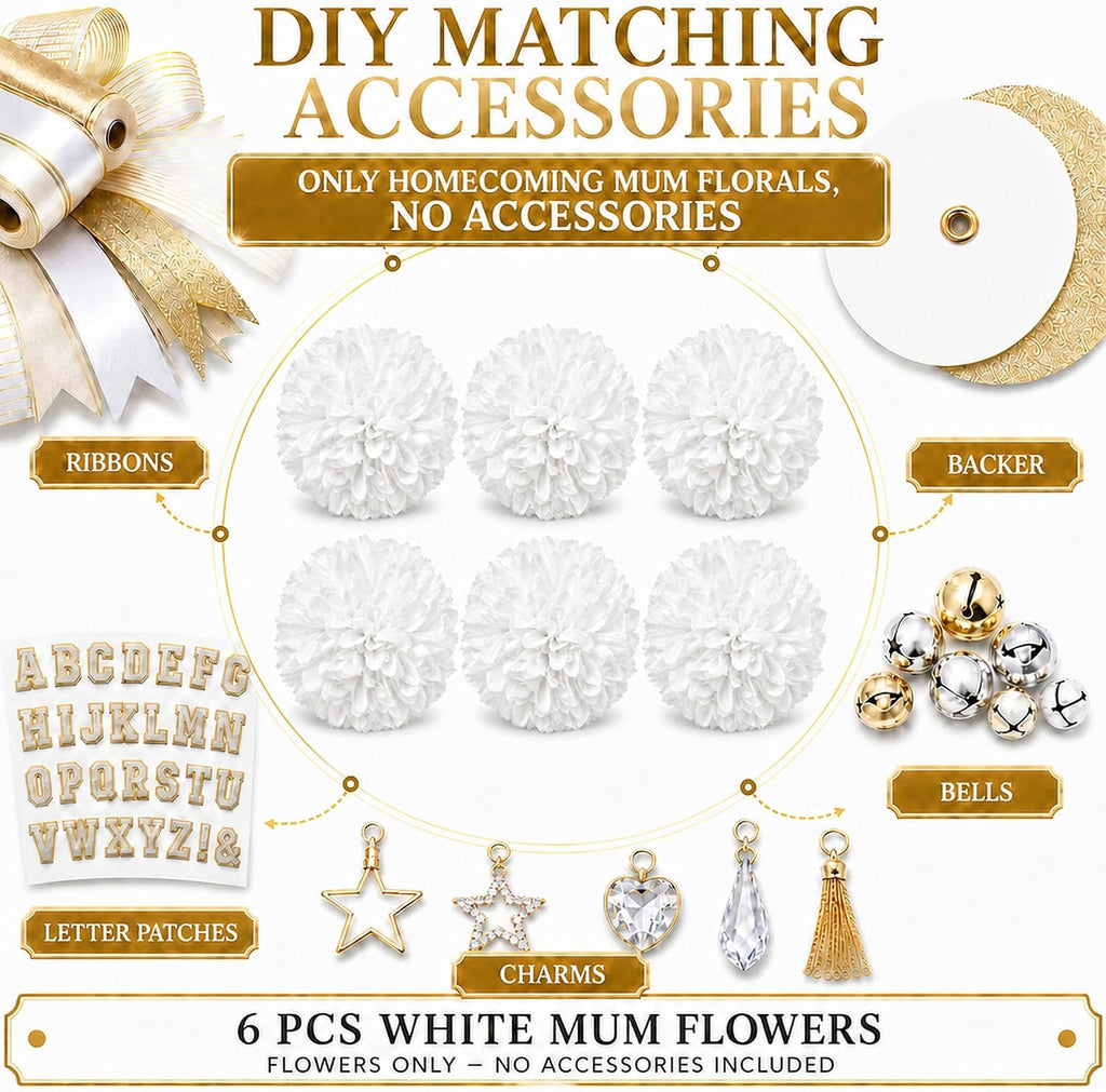DZrudun 6Pcs White Homecoming Mum Flowers, 6.5 Inch Artificial Mum Flowers